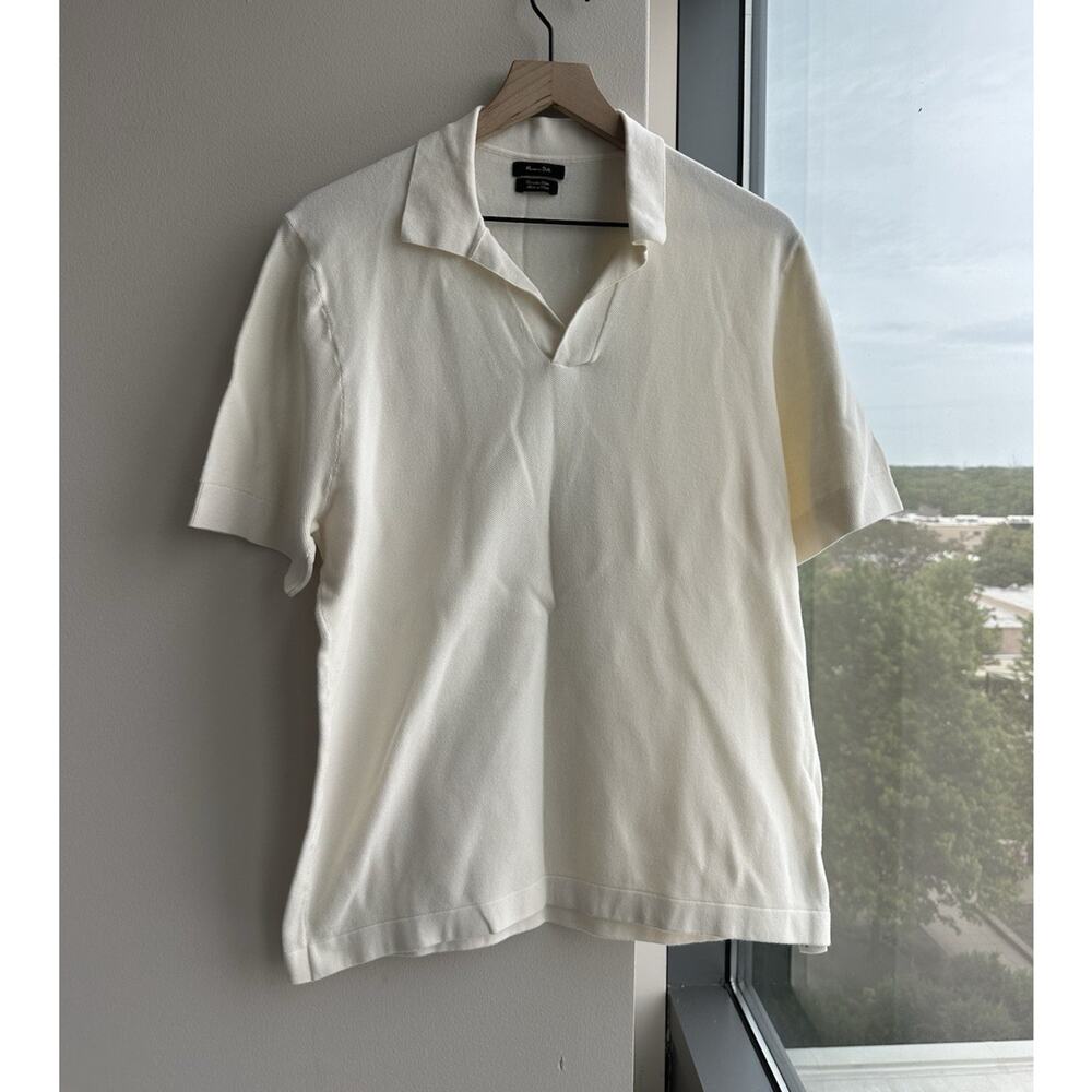 Massimo Dutti Men's White Polo Short Sleeve Cotton Knit Collared Solid XL